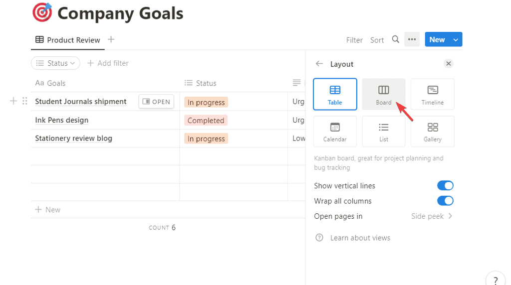 Board layout option for database