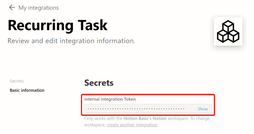 Copy the secret Notion API key