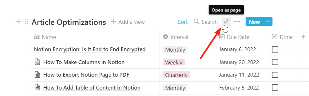 Open database as a page